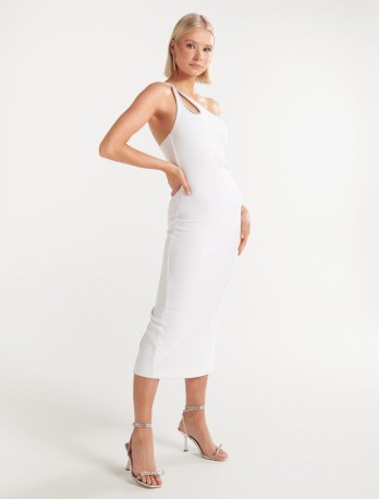 FOREVER NEW Jasmine Teardrop Bodycon Midi Dress in Porcelain ~ sleek white one shoulder occasion dresses ~ diamante embellished party fashion ~ fitted asymmetric evening event clothing - flipped