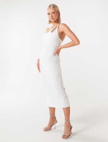 FOREVER NEW Jasmine Teardrop Bodycon Midi Dress in Porcelain ~ sleek white one shoulder occasion dresses ~ diamante embellished party fashion ~ fitted asymmetric evening event clothing