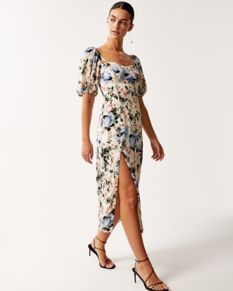 Abercrombie & Fitch Puff Sleeve High-Slit Midi Dress in Cream Floral | sweetheart neckline dresses with split hem - flipped