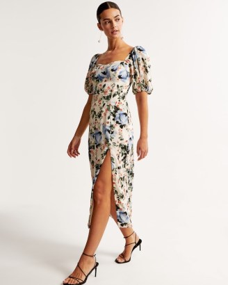 Abercrombie & Fitch Puff Sleeve High-Slit Midi Dress in Cream Floral | sweetheart neckline dresses with split hem