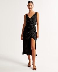 Abercrombie & Fitch Satin Draped Wrap Midi Dress in Black | slinky sleeveless plunge front evening dresses | chic party clothes | glamorous occasion fashion