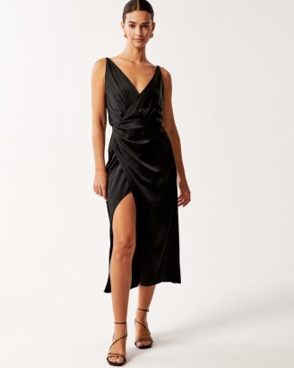 Abercrombie & Fitch Satin Draped Wrap Midi Dress in Black | slinky sleeveless plunge front evening dresses | chic party clothes | glamorous occasion fashion - flipped