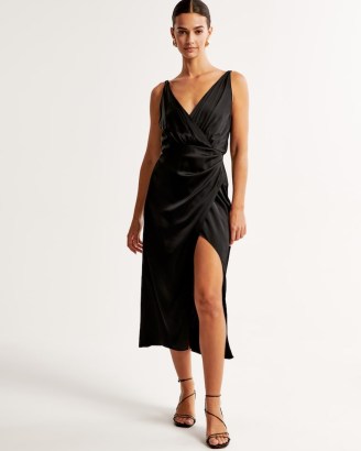 Abercrombie & Fitch Satin Draped Wrap Midi Dress in Black | slinky sleeveless plunge front evening dresses | chic party clothes | glamorous occasion fashion