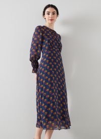 L.K. BENNETT Wren Navy Rosebud Print Dress / dark blue floral sheer overlay dresses