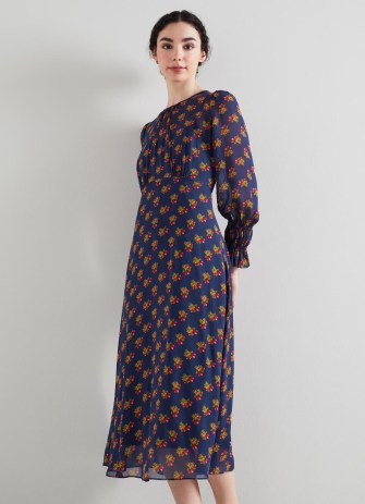 L.K. BENNETT Wren Navy Rosebud Print Dress / dark blue floral sheer overlay dresses - flipped