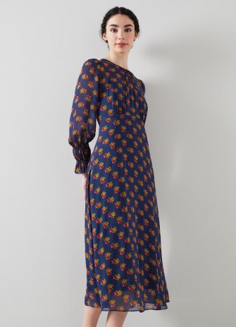 L.K. BENNETT Wren Navy Rosebud Print Dress / dark blue floral sheer overlay dresses
