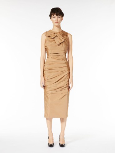 MAX MARA TORBOLE T-Shirt dress CAMEL – chic vintage style clothing – light brown sleeveless ruched detail pencil dresses - flipped