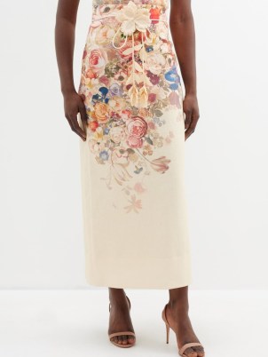 ZIMMERMANN Floral-print linen midi skirt / romantic style occasion skirts - flipped
