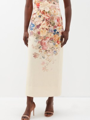 ZIMMERMANN Floral-print linen midi skirt / romantic style occasion skirts
