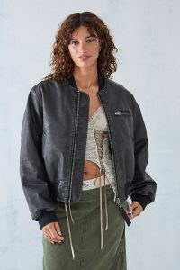 BDG Cracked Faux Leather Bomber Jacket in Black | women’s casual oversized zip up jackets