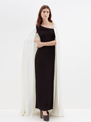 VALENTINO GARAVANI Asymmetric caped-shoulder silk-cady gown in monochrome / luxury black and white gowns / silky maxi dress with floor length cape / luxe occasion clothing / red carpet worthy dresses - flipped