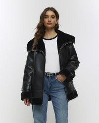 RIVER ISLAND Black Faux Leather Aviator Jacket ~ on-trend winter jackets