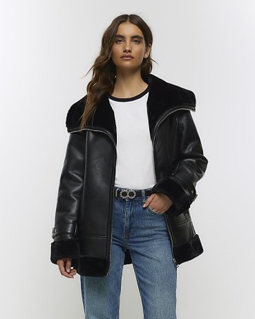 RIVER ISLAND Black Faux Leather Aviator Jacket ~ on-trend winter jackets p