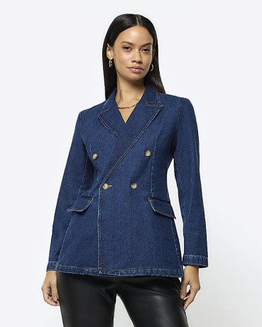 RIVER ISLAND Blue Fitted Denim Blazer ~ womens double breasted blazers ~ fashionable jackets p - flipped