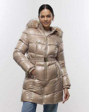 River Island BROWN FITTED PADDED JACKET – women’s faux fur hood coat – womens belted winter jackets - flipped