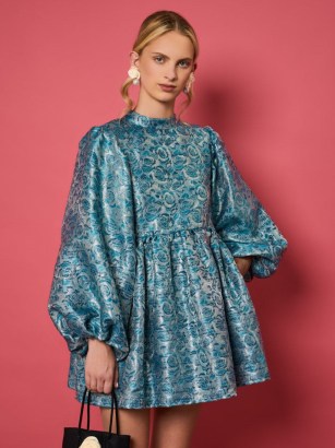 sister jane DARJEELING CONVERSATIONS Opal Fleur Jacquard Mini Dress in Backpack Blue / women’s floral oversized party dresses / voluminous occasion fashion - flipped