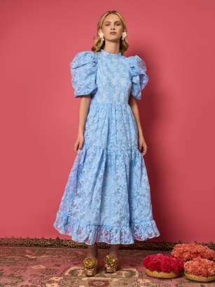 sister jane Sky Lily Embroidered Midi Dress in Placid Blue / floral puff sleeve tiered hem party dresses / women’s romantic occasion fashion / romance inspired clothing - flipped