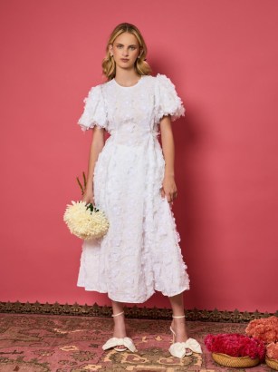 sister jane Samara Floral Midi Dress in Pearled White / puff sleeve flower applique dresses / romantic occasion fashion / romance inspired clothing / DREAM DARJEELING CONVERSATIONS collection - flipped