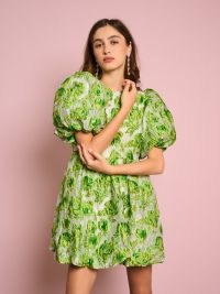 sister jane DARJEELING CONVERSATIONS Cardamom Jacquard Mini Dress in Lime Punch | green floral puff sleeve bubble hem dresses