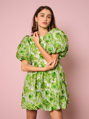 sister jane DARJEELING CONVERSATIONS Cardamom Jacquard Mini Dress in Lime Punch | green floral puff sleeve bubble hem dresses - flipped