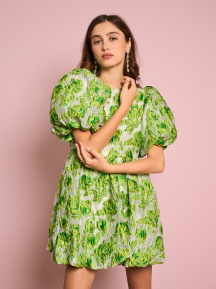sister jane DARJEELING CONVERSATIONS Cardamom Jacquard Mini Dress in Lime Punch | green floral puff sleeve bubble hem dresses