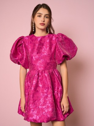 sister jane DARJEELING CONVERSATIONS Hibiscus Jacquard Mini Dress in Hot Pink | women’s puff sleeve bubble hem party dresses - flipped