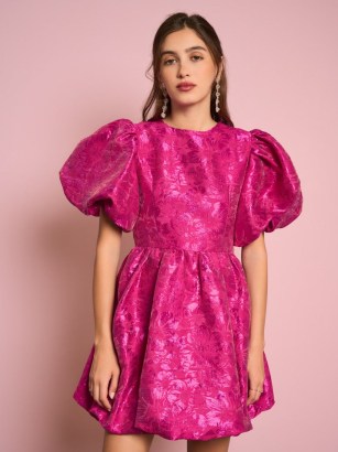 sister jane DARJEELING CONVERSATIONS Hibiscus Jacquard Mini Dress in Hot Pink | women’s puff sleeve bubble hem party dresses