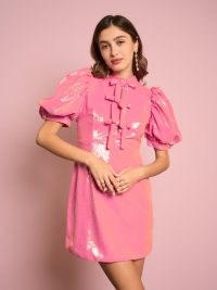 sister jane DARJEELING CONVERSATIONS Sunset Sequin Bow Dress in Flamingo Pink | womens sequinned puff sleeve occasion dresses | shimmering evening fashion