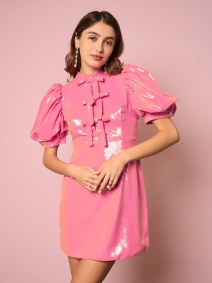 sister jane DARJEELING CONVERSATIONS Sunset Sequin Bow Dress in Flamingo Pink | womens sequinned puff sleeve occasion dresses | shimmering evening fashion - flipped