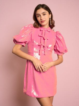 sister jane DARJEELING CONVERSATIONS Sunset Sequin Bow Dress in Flamingo Pink | womens sequinned puff sleeve occasion dresses | shimmering evening fashion