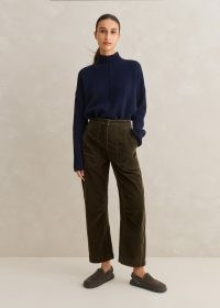 me and em Fine Cord Engineered-Leg Trouser Intense Olive – women’s dark green corduroy trousers – autumn colours
