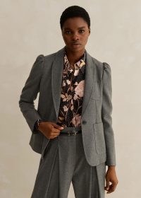 me and em Flannel Fitted Short Blazer Grey Melange – smart puff shoulder blazers – feminine jackets with puffed shoulders – women’s tailored corporate workwear