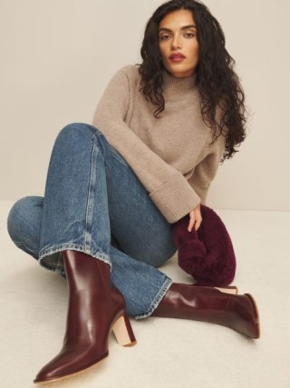 Reformation Gillian Ankle Boot in Ruby ~ red leather block heel boots ~ women’s luxury autumn footwear - flipped