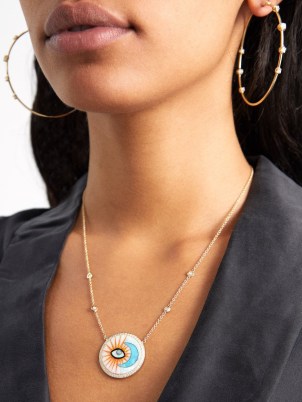 JACQUIE AICHE Evil eye moon diamond, opal & 14kt gold necklace – large luxury talisman style pendants – women’s luxe necklaces – fine jewellery – round celestial pendant - flipped