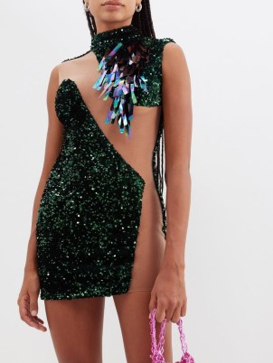 GERMANIER Paillette-embellished cutout jersey mini dress in green / sequinned sheer panel bodycon / daring cut out party dresses / evening occasion glamour / glamorous event fashion - flipped