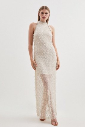 KAREN MILLEN Halter Embellished Woven Maxi Dress in Ivory – glamorous semi sheer halterneck evening dresses – beaded occasion clothing – event fashion with crystal style embellishments - flipped