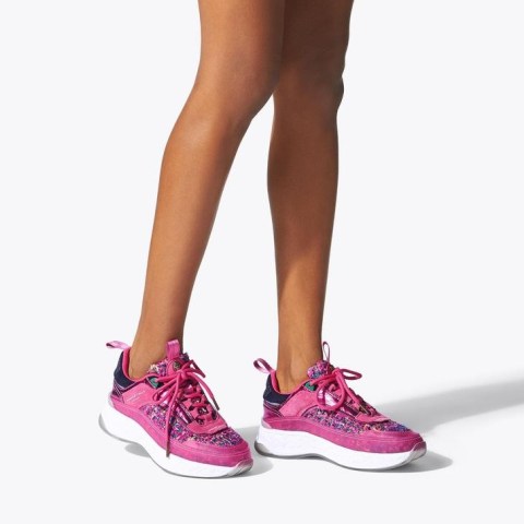 Kurt Geiger London Kensington Sneaker in Fushia Combination ~ women’s pink tweed and leather trainers ~ womens sports luxe sneakers - flipped