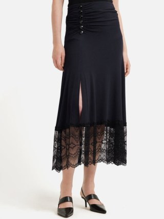 JIGSAW Lace Trim Jersey Skirt in Navy – blue semi sheer ruched detail skirts - flipped