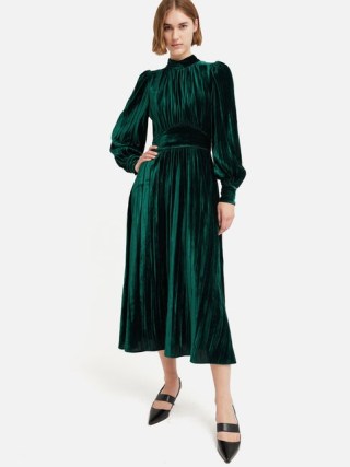 JIGSAW Velvet Plisse Dress in Green – long sleeve high neck occasion dresses – luxe style clothing - flipped