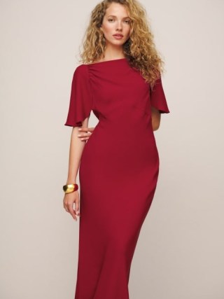 Reformation Lassie Dress in Sangre ~ red angel sleeve maxi dresses ~ chic occasion clothing ~ sophisticated party fashion ~ deep V-back - flipped