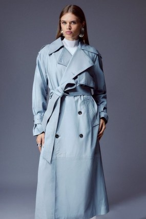 KAREN MILLEN Leather Oversize Trench Coat in Pale Blue – women’s luxury longline tie waist coats – luxe autumn outerwear - flipped