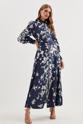 Lydia Millen Linen Floral Embroidered Woven Maxi Dress in Indigo – blue collared balloon sleeve dresses - flipped