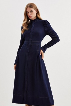 Lydia Millen Tencel Denim Woven Midi Shirt Dress in Indigo – women’s prairie style clothing – dark blue long sleeve high neck dresses - flipped