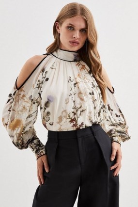 Lydia Millen Viscose Floral Border Print Woven Blouse – cut out balloon sleeve blouses – feminine cutout shoulder top – romantic long sleeved high neck tops - flipped