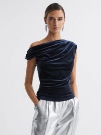 REISS MIA VELVET OFF-THE-SHOULDER TOP in NAVY ~ luxe plush asymmetric evening tops ~ chic occasion clothing