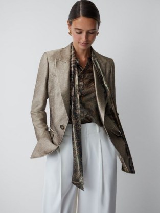 REISS MIMI METALLIC SINGLE BREASTED BLAZER in GOLD ~ women’s glamorous evening occasion jackets ~ party glamour ~ womens shiny blazers - flipped