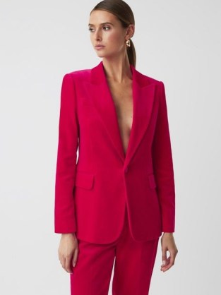 REISS ROSA VELVET SINGLE BREASTED BLAZER in PINK ~ women’s plus evening jackets ~ womens luxe occasion blazers - flipped