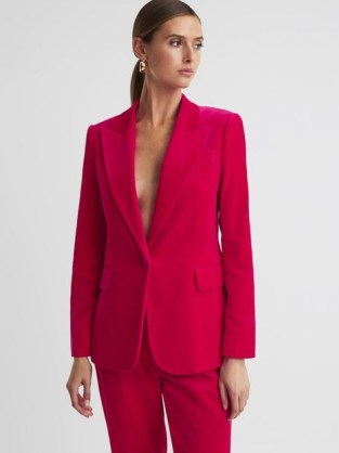 REISS ROSA VELVET SINGLE BREASTED BLAZER in PINK ~ women’s plus evening jackets ~ womens luxe occasion blazers