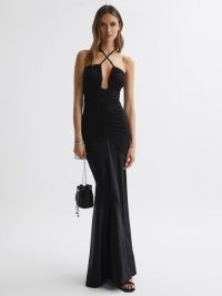 REISS THALIA FITTED PLUNGE NECK SATIN MAXI DRESS in BLACK ~ strappy plunging evening dresses ~ ruched detail occasion clothing ~ glamorous special event clothes ~ party glamour