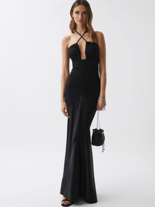 REISS THALIA FITTED PLUNGE NECK SATIN MAXI DRESS in BLACK ~ strappy plunging evening dresses ~ ruched detail occasion clothing ~ glamorous special event clothes ~ party glamour - flipped